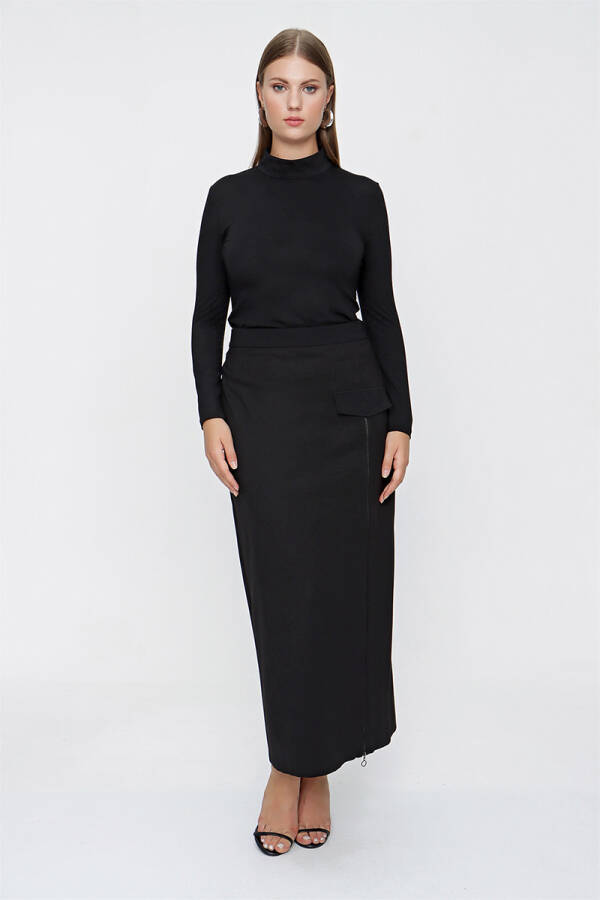 Siyah Fermuar Detaylı Örme Kumaş Etek - 1