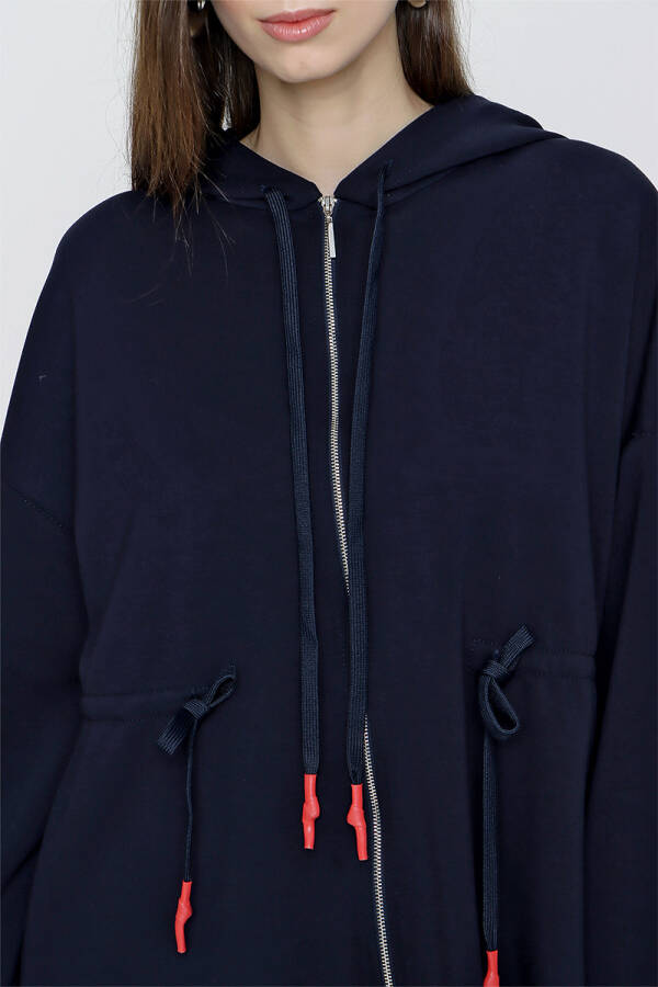 Lacivert Önden Fermuarlı Kapşonlu Kap - 5