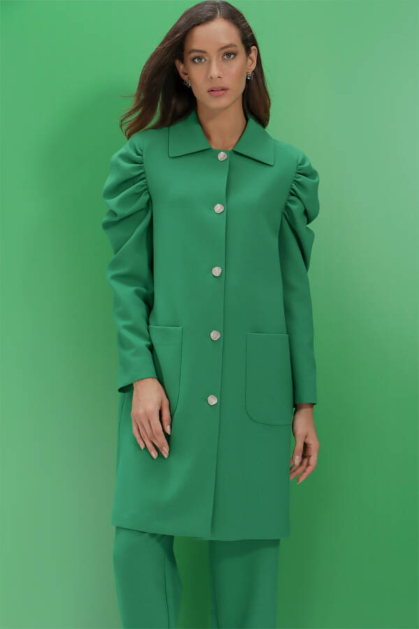 Yeşil Omuzları Büzgülü Cep Detaylı Kap - 1