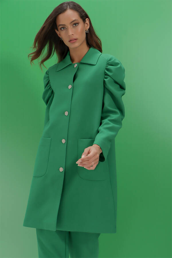 Yeşil Omuzları Büzgülü Cep Detaylı Kap - 5