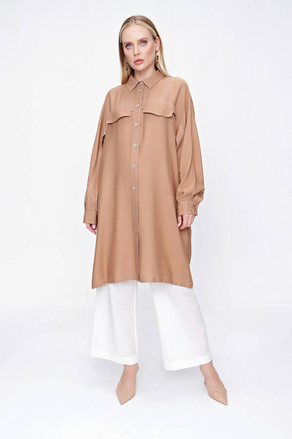 Camel Kontrast Dikiş Detaylı Rahat Kesim Kap - 1