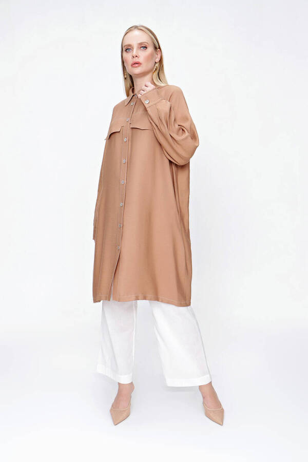 Camel Kontrast Dikiş Detaylı Rahat Kesim Kap - 4