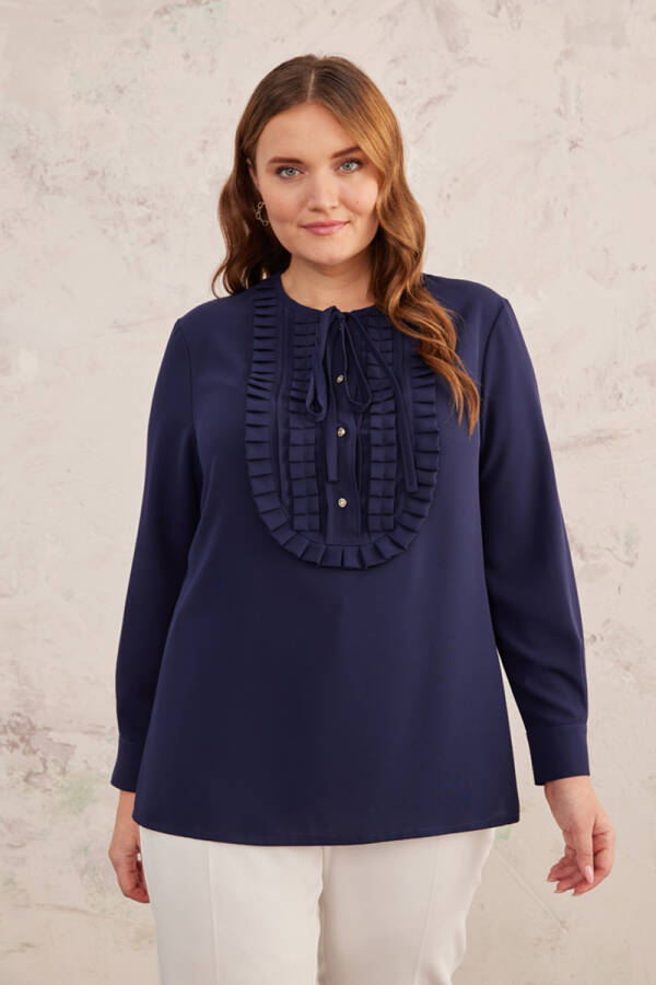 Lacivert Yarım Patlı Fırfırlı Bluz - 2