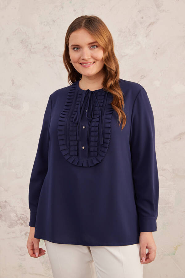 Lacivert Yarım Patlı Fırfırlı Bluz - 3