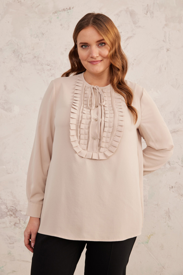 Bej Yarım Patlı Fırfırlı Bluz - 4