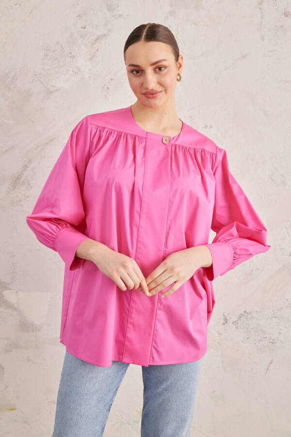 Fuşya Robadan Büzgülü Cotton Bluz - 4