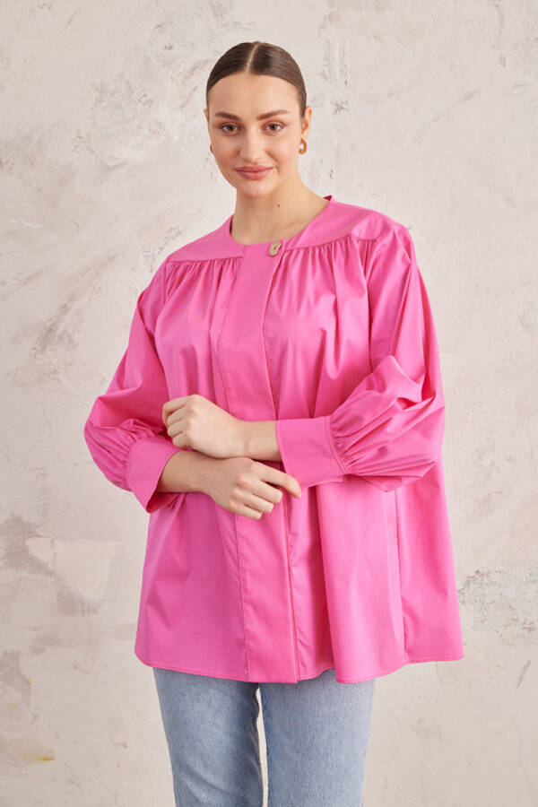 Fuşya Robadan Büzgülü Cotton Bluz - 5