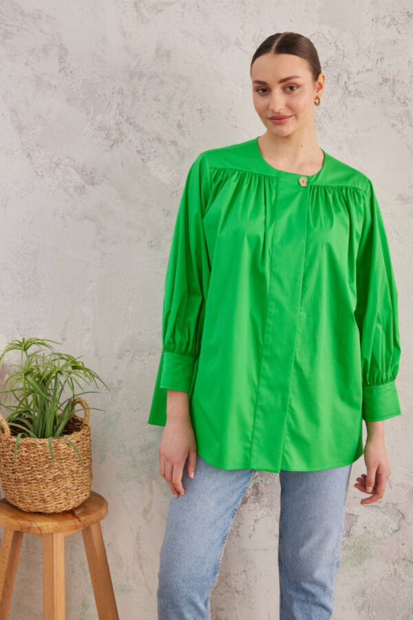Yeşil Robadan Büzgülü Cotton Bluz - 1