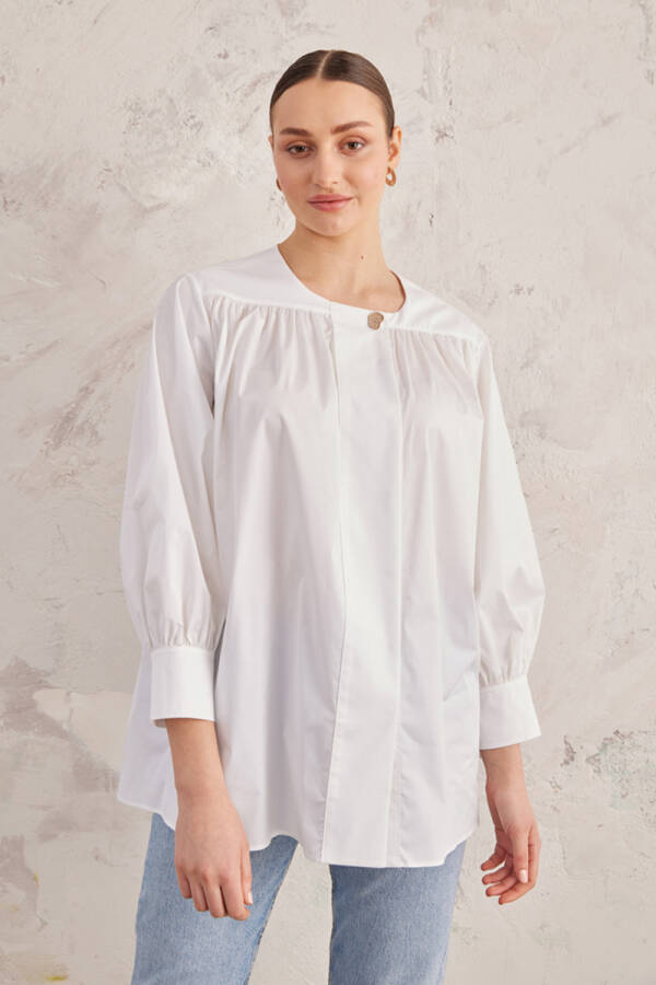 Beyaz Robadan Büzgülü Cotton Bluz - 1