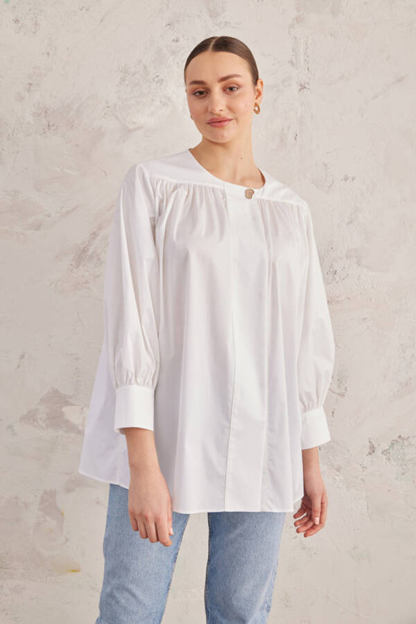 Beyaz Robadan Büzgülü Cotton Bluz - 2