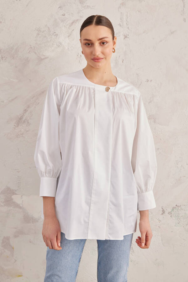 Beyaz Robadan Büzgülü Cotton Bluz - 3