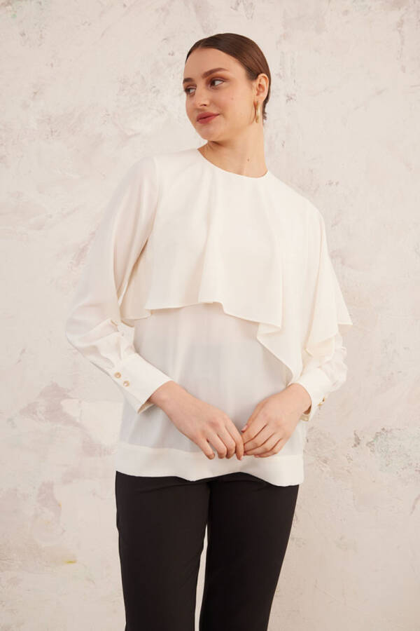Ekru Pelerin Detaylı Bluz - 3