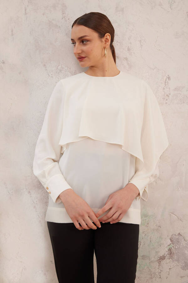 Ekru Pelerin Detaylı Bluz - 5