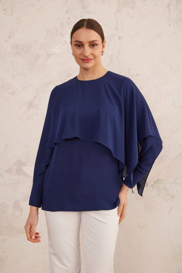 Lacivert Pelerin Detaylı Bluz - 1