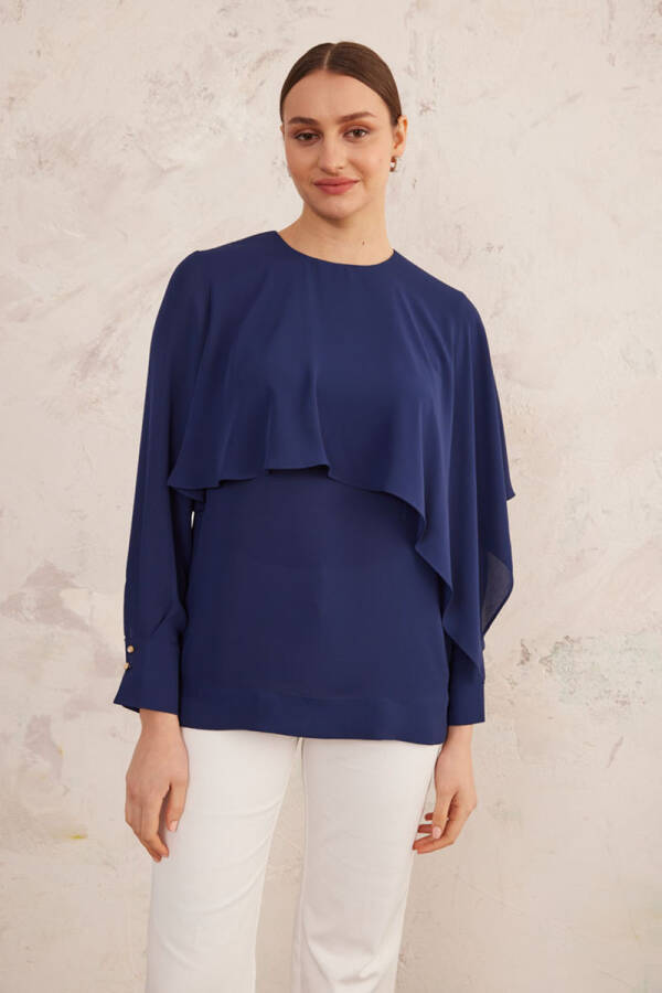 Lacivert Pelerin Detaylı Bluz - 2