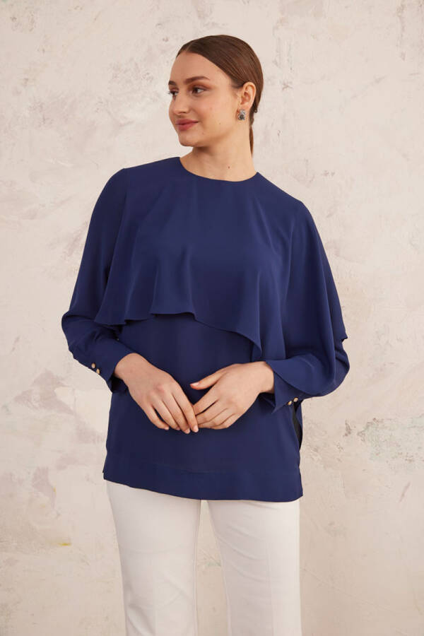 Lacivert Pelerin Detaylı Bluz - 3
