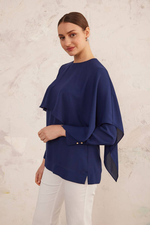 Lacivert Pelerin Detaylı Bluz - 4