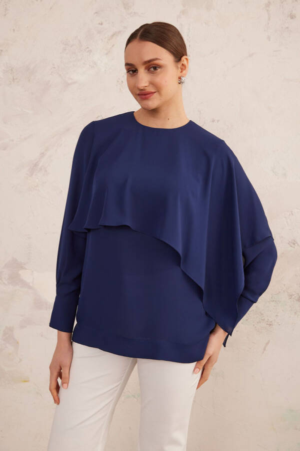 Lacivert Pelerin Detaylı Bluz - 6