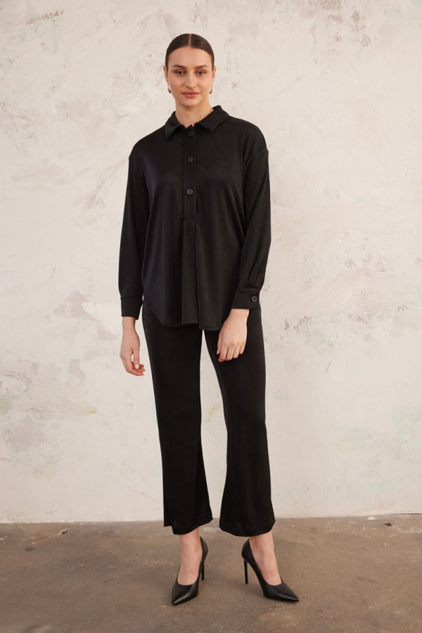 Siyah Polo Yaka Örme Bluz - 2