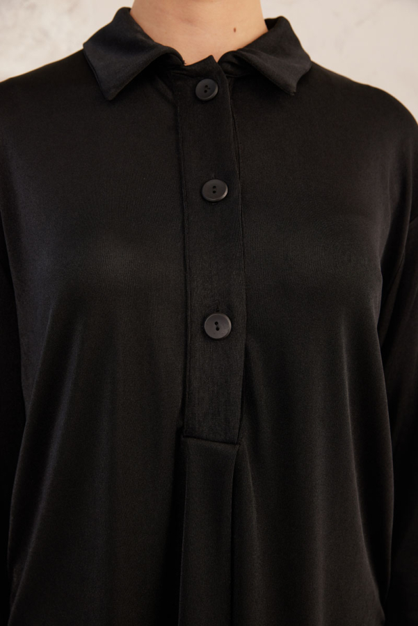 Siyah Polo Yaka Örme Bluz - 6