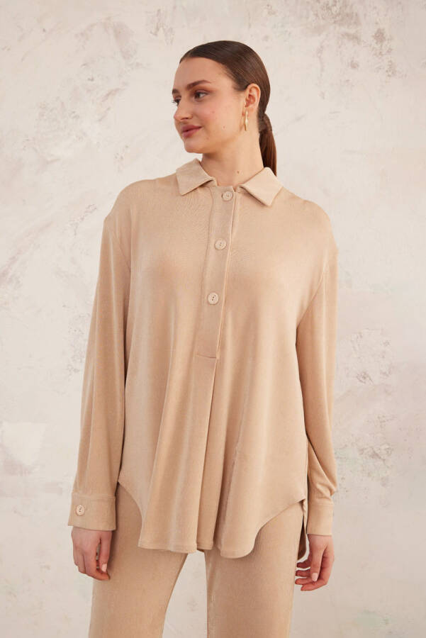 Bej Polo Yaka Örme Bluz - 1