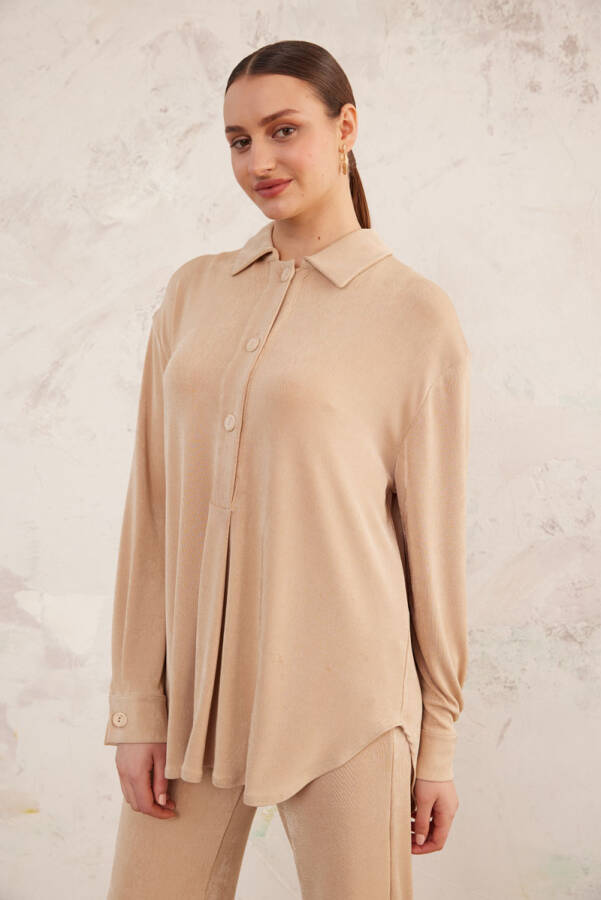 Bej Polo Yaka Örme Bluz - 3