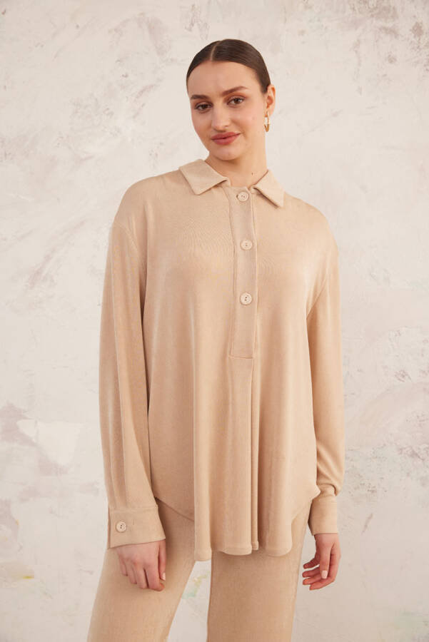 Bej Polo Yaka Örme Bluz - 5