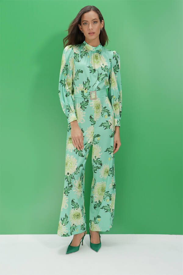 Yeşil İpek Tuşeli Desenli Tulum - 1