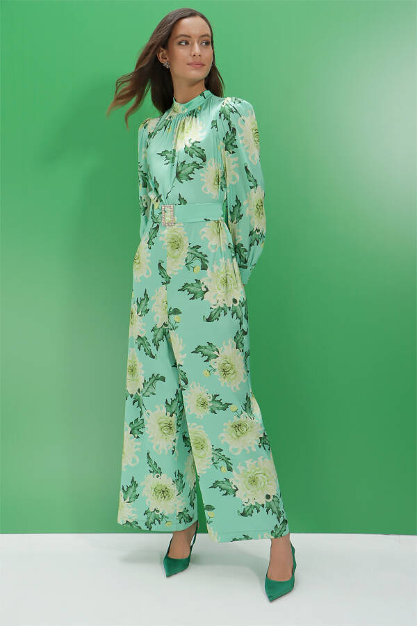 Yeşil İpek Tuşeli Desenli Tulum - 2