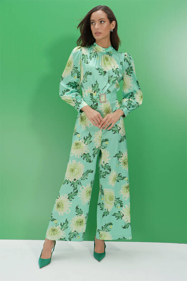 Yeşil İpek Tuşeli Desenli Tulum - 3