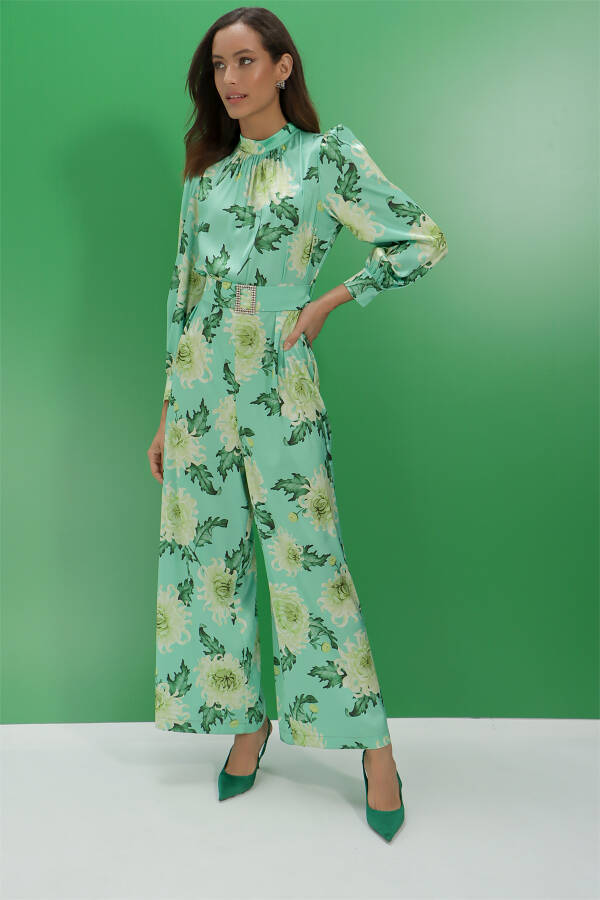 Yeşil İpek Tuşeli Desenli Tulum - 6