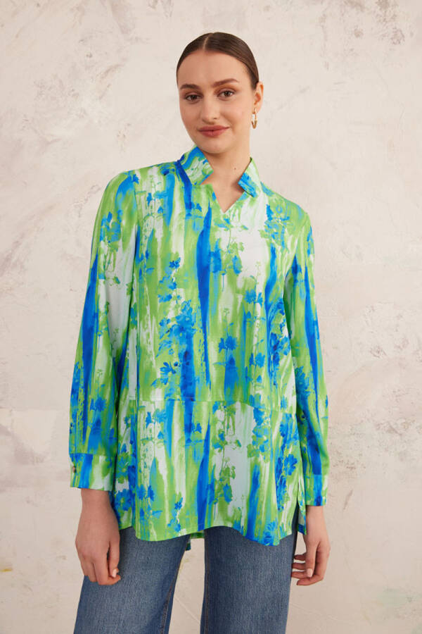 Yeşil V Yaka Desenli Bluz - 4