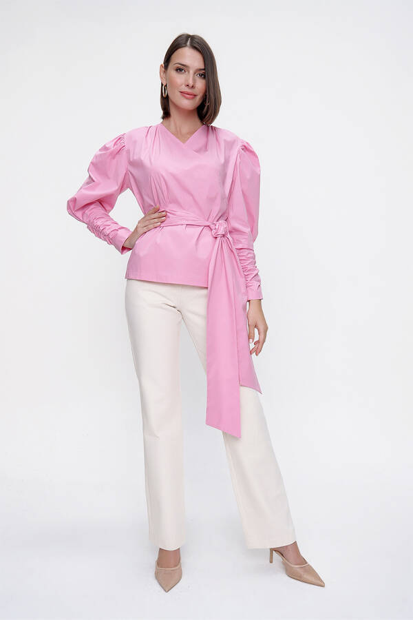 Pembe Kruvaze Poplin Bluz - 1