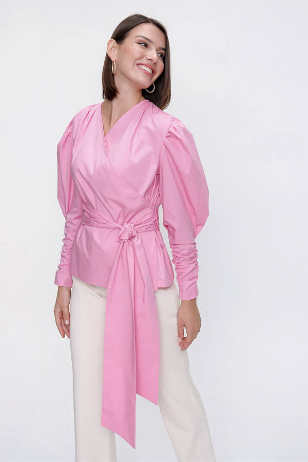 Pembe Kruvaze Poplin Bluz - 2