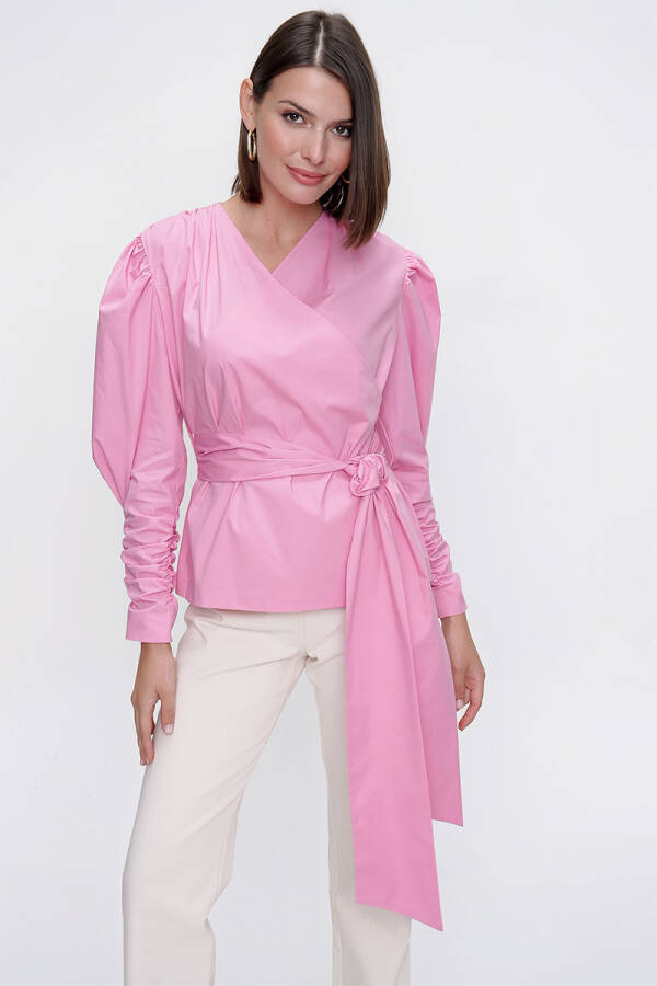 Pembe Kruvaze Poplin Bluz - 3