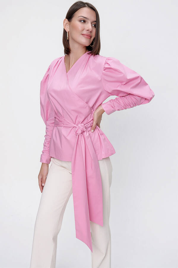 Pembe Kruvaze Poplin Bluz - 4