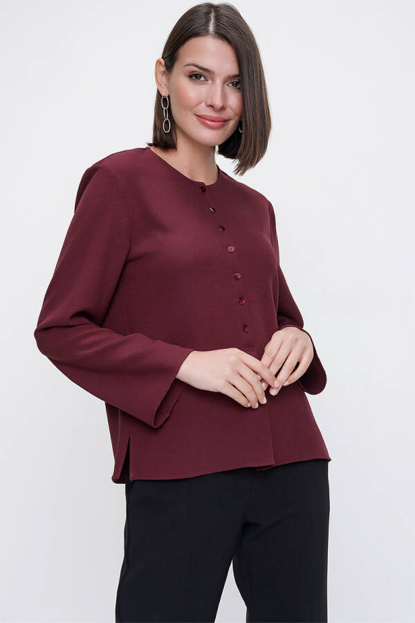 Bordo Rahat Kesim Yarım Patlı Bluz - 4