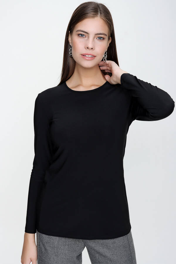 Siyah Bisiklet Yaka Örme Bluz - 4