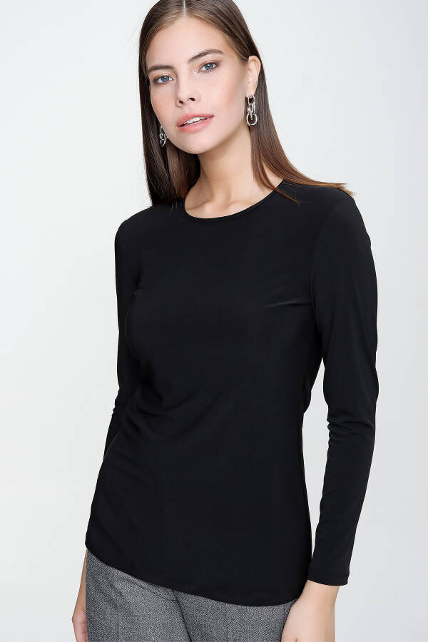 Siyah Bisiklet Yaka Örme Bluz - 5