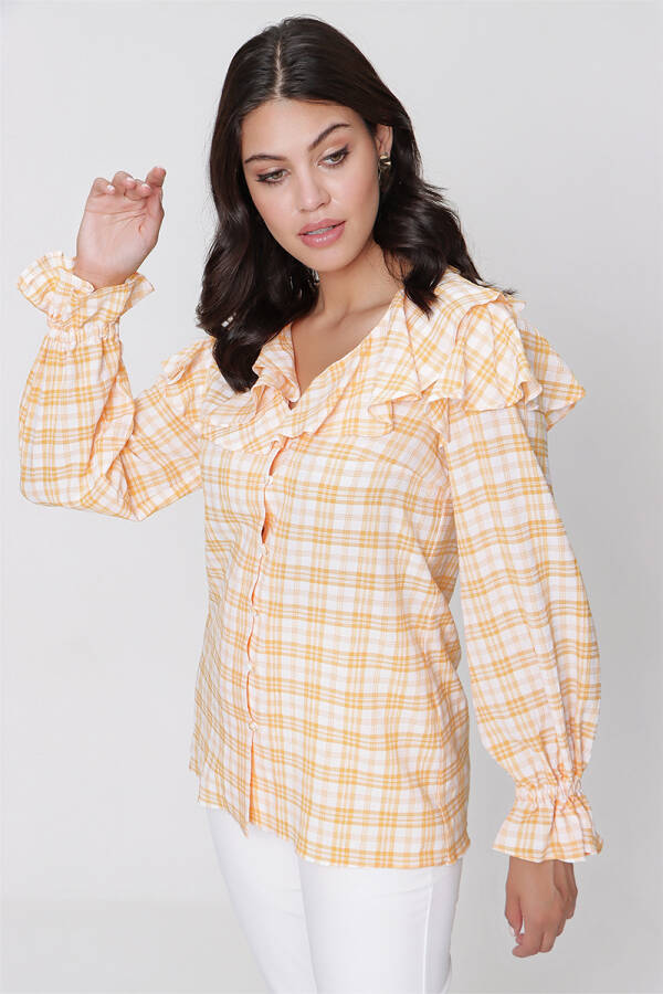 Sarı Volan Detaylı Ekose Bluz - 1