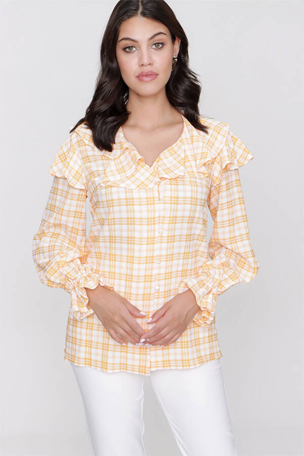 Sarı Volan Detaylı Ekose Bluz - 3