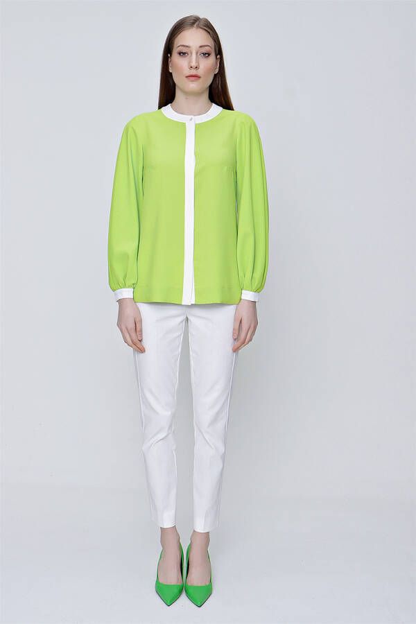 Yeşil Balon Kol Garnili Bluz - 1