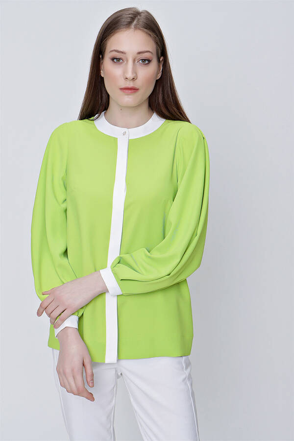 Yeşil Balon Kol Garnili Bluz - 3
