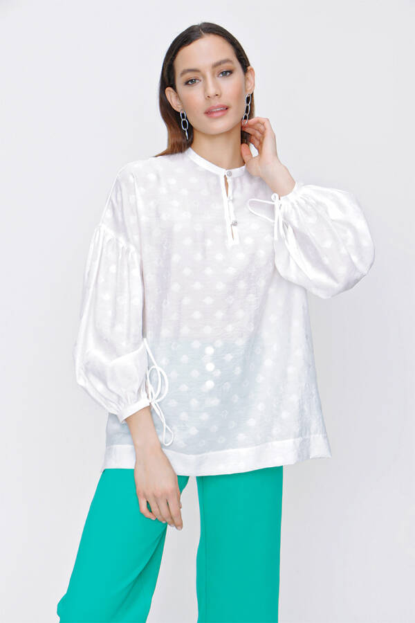 Ekru Kendinden Jakarlı Bluz - 1