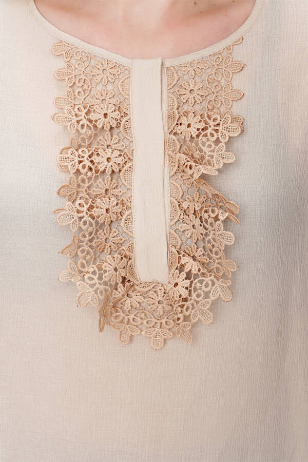 Bej Patı Dantel Detaylı Bluz - 5