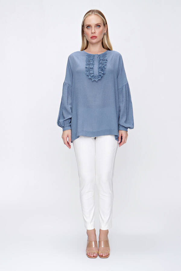 İndigo Patı Dantel Detaylı Bluz - 1
