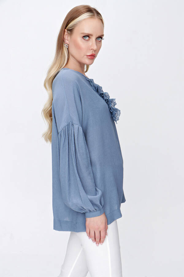 İndigo Patı Dantel Detaylı Bluz - 4