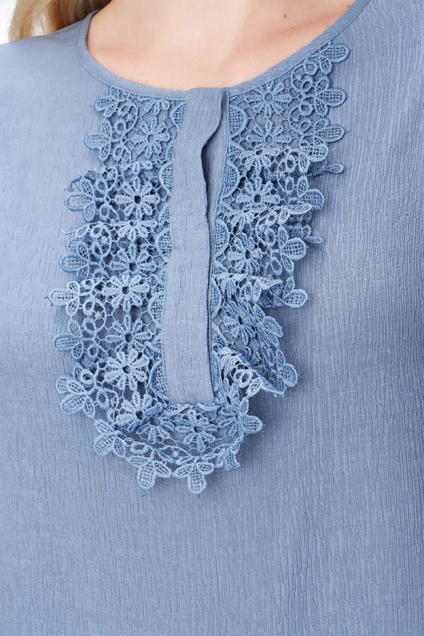 İndigo Patı Dantel Detaylı Bluz - 5