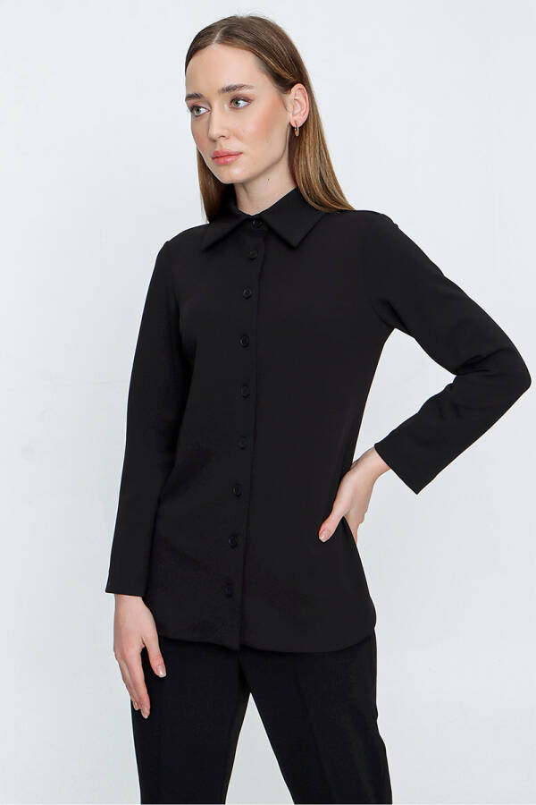 Siyah Örme Kumaş Gömlek Bluz - 4