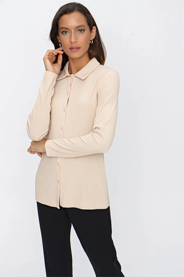 Bej Fitilli Örme Bluz - 1